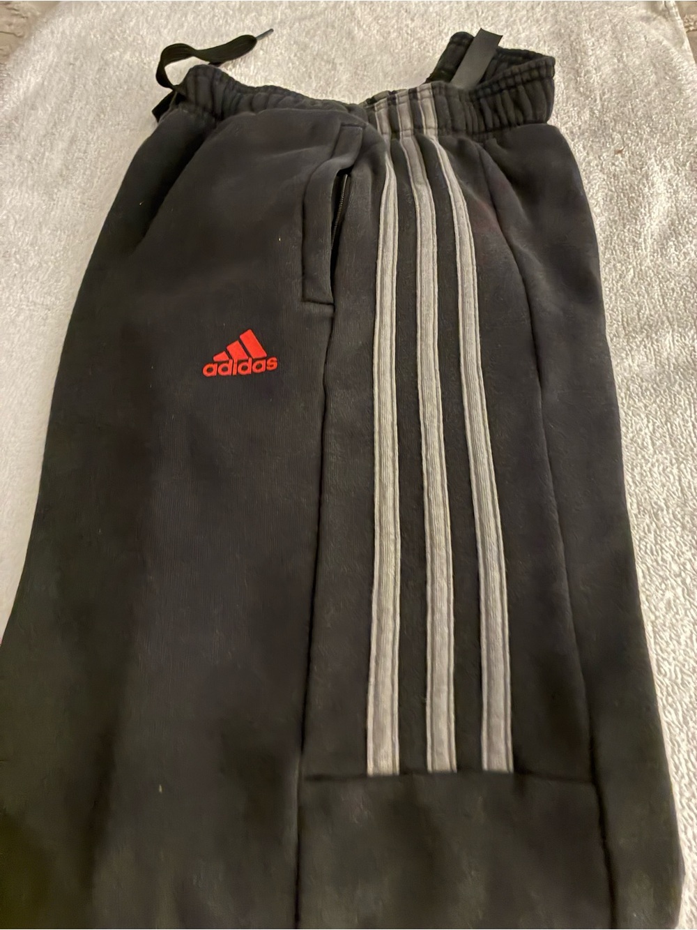 Pre-owned Adidas Kids Boy’s Black Track Pants with Gray Stripes fitted ankles